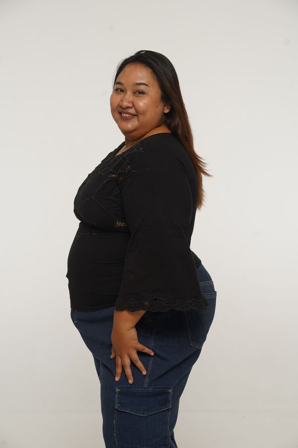 Balinese Lace Top flared sleeve in Black - Manners London