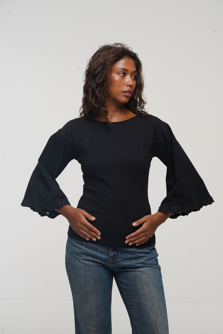 Balinese Lace Top flared sleeve in Black - Manners London
