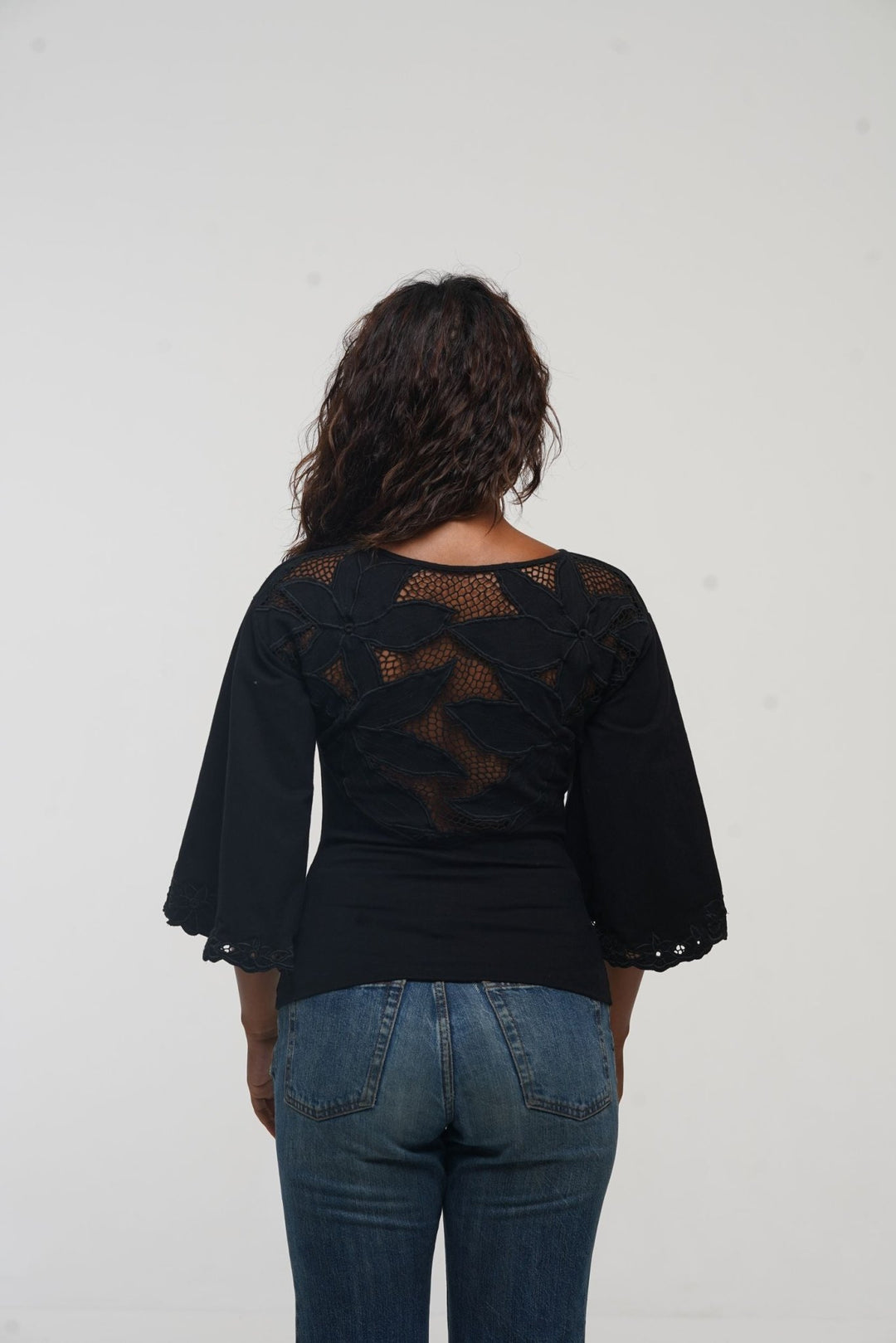 Balinese Lace Top flared sleeve in Black - Manners London