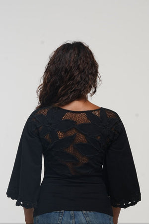 Balinese Lace Top flared sleeve in Black - Manners London