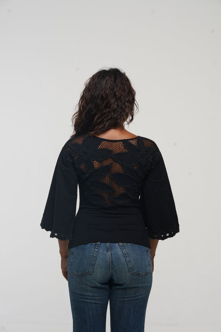 Balinese Lace Top flared sleeve in Black - Manners London