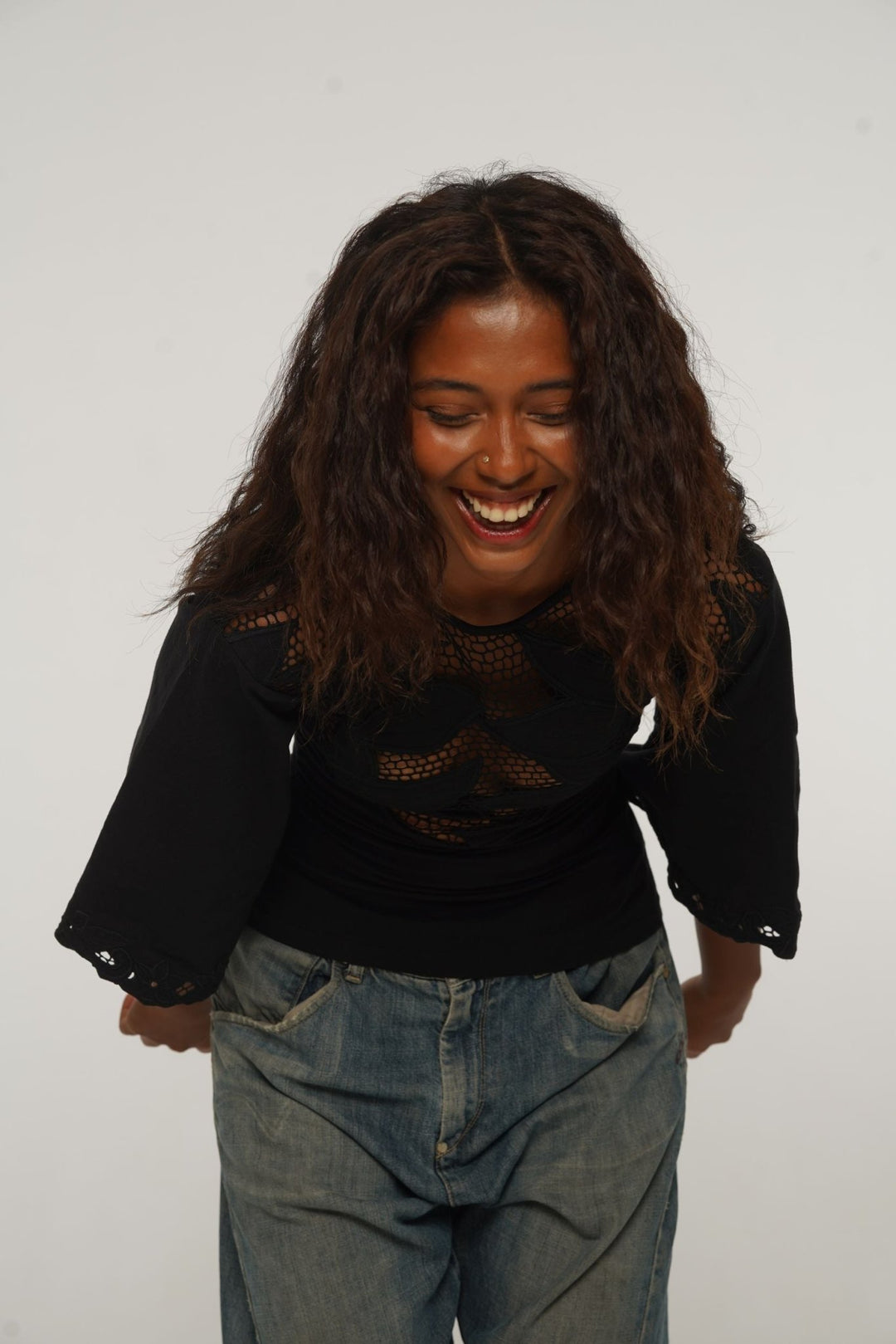 Balinese Lace Top flared sleeve in Black - Manners London