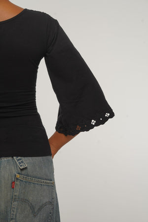 Balinese Lace Top flared sleeve in Black - Manners London