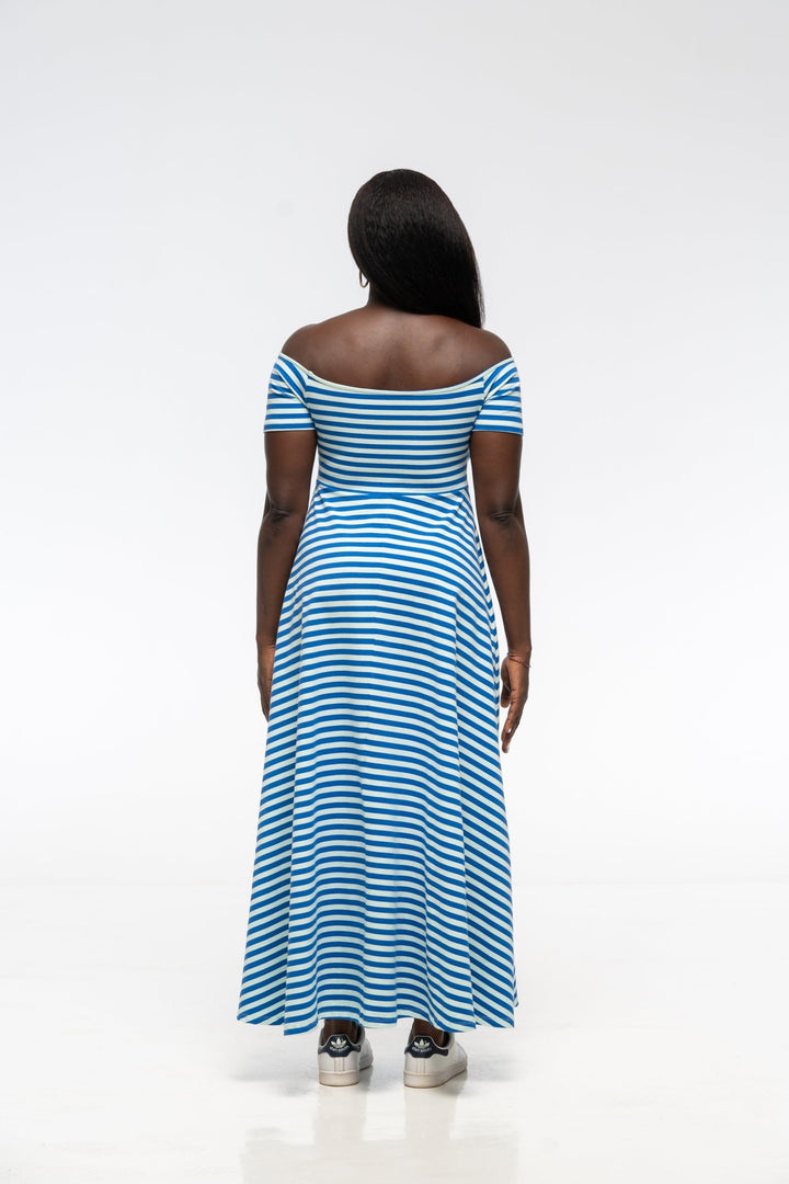 Bardot Dress Midi A - Line Regular (short sleeves) in Blue/Mint Stripe - Manners London