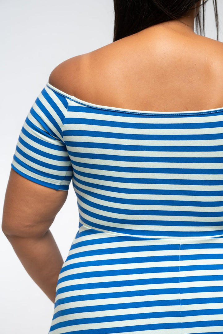 Bardot Dress Midi A - Line Regular (short sleeves) in Blue/Mint Stripe - Manners London
