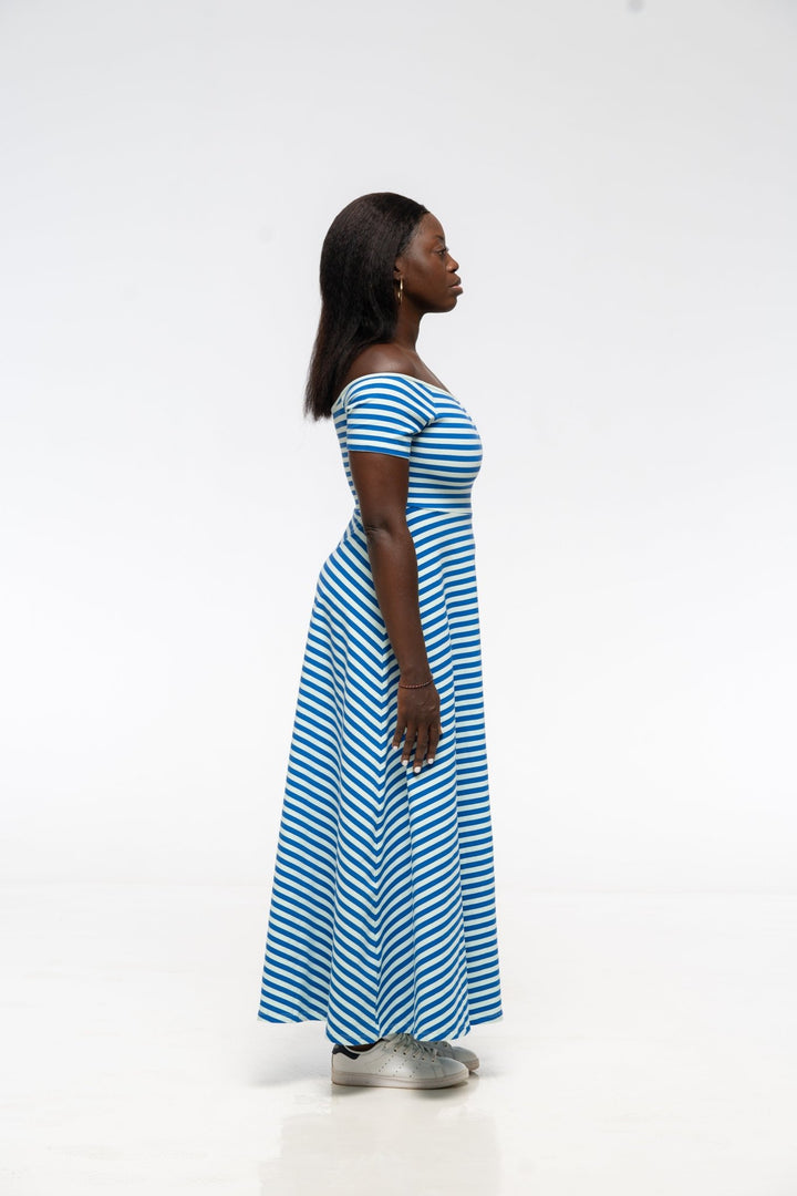 Bardot Dress Midi A - Line Regular (short sleeves) in Blue/Mint Stripe - Manners London