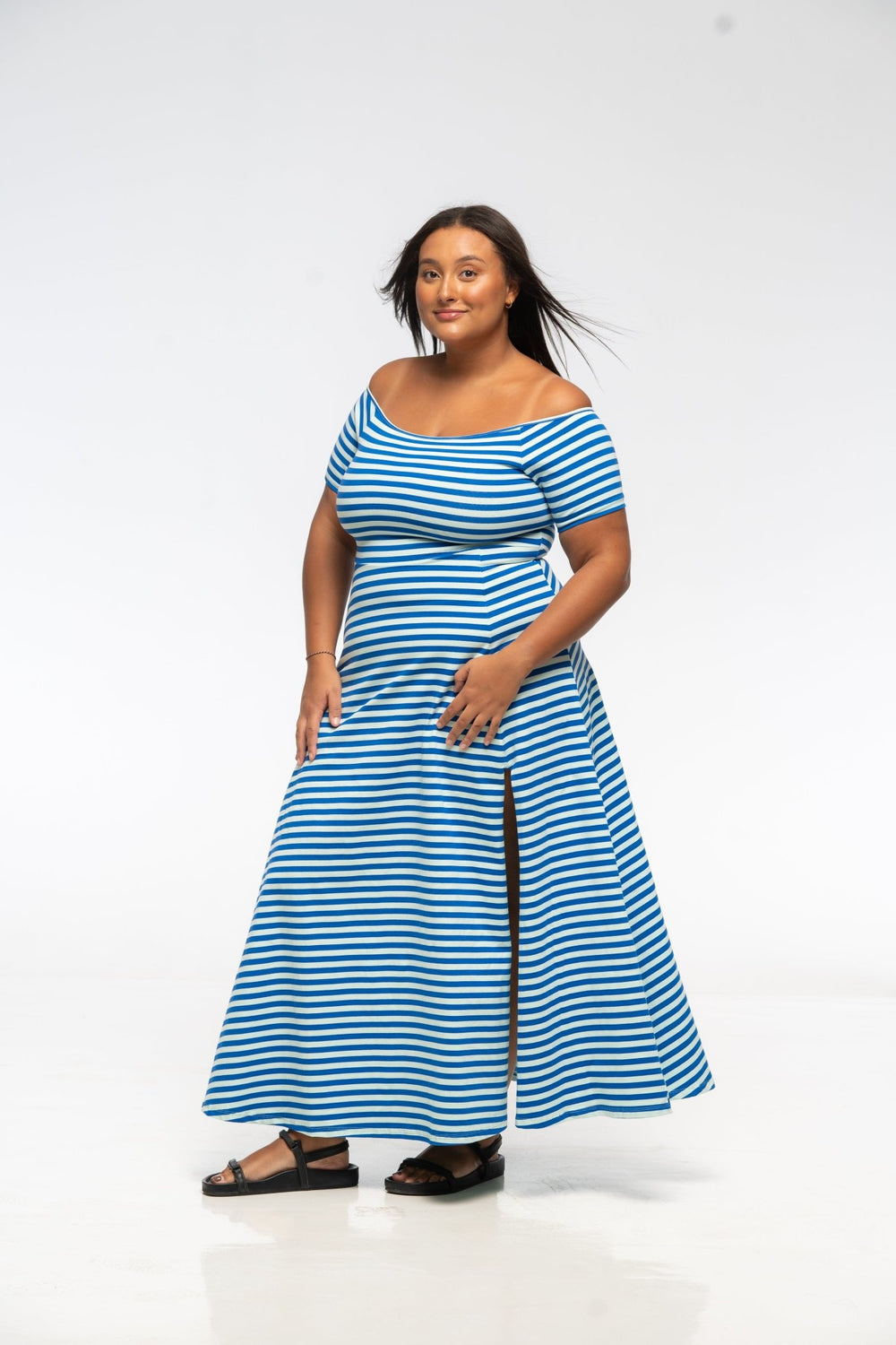 Bardot Dress Midi A - Line Regular (short sleeves) in Blue/Mint Stripe - Manners London