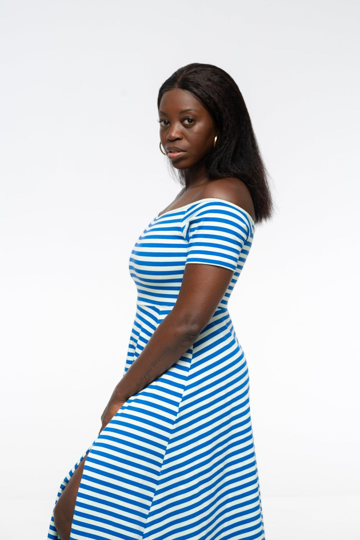 Bardot Dress Midi A - Line Regular (short sleeves) in Blue/Mint Stripe - Manners London