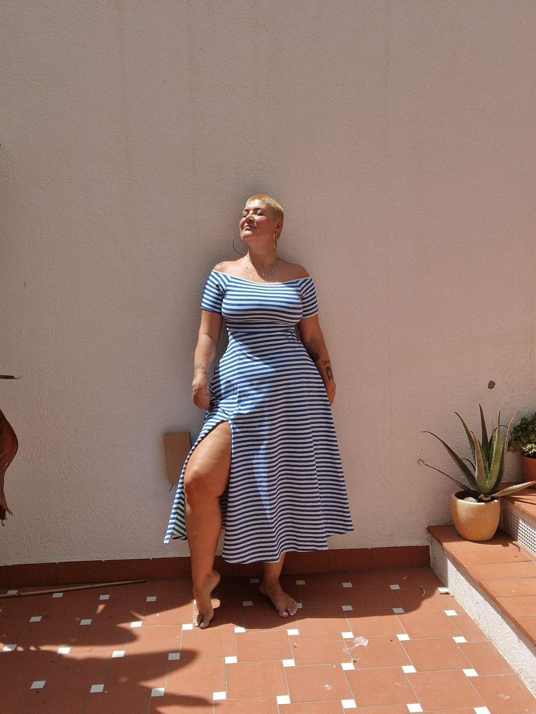 Bardot Dress Midi A - Line Regular (short sleeves) in Blue/Mint Stripe - Manners London