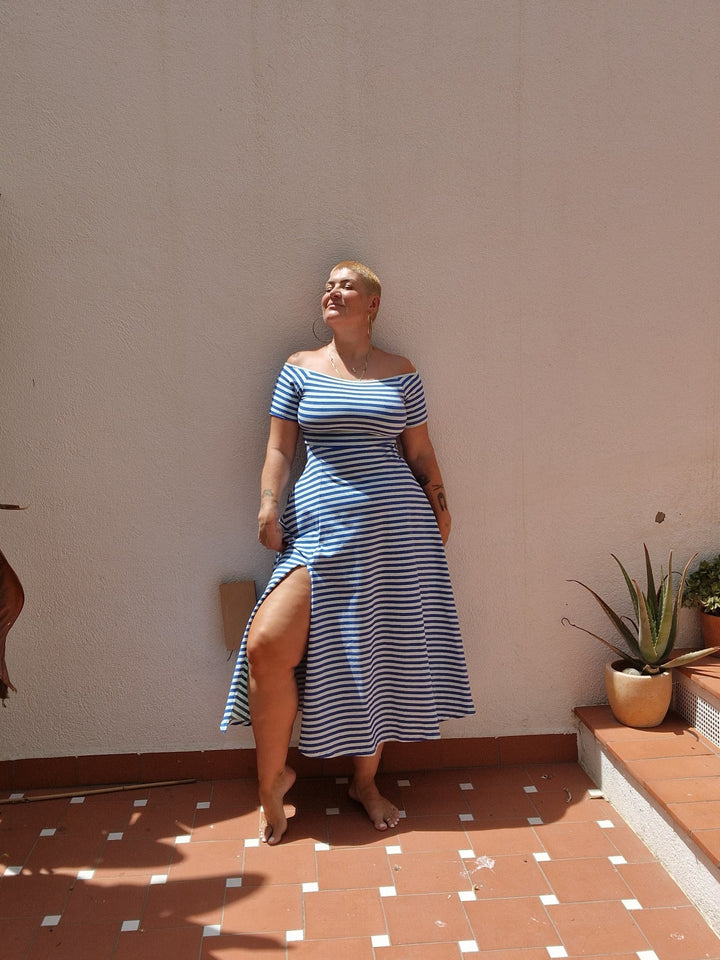 Bardot Dress Midi A - Line Regular (short sleeves) in Blue/Mint Stripe - Manners London