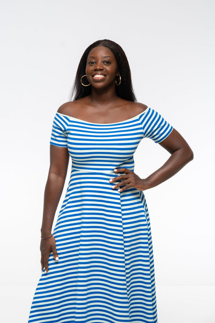 Bardot Dress Midi A - Line Regular (short sleeves) in Blue/Mint Stripe - Manners London