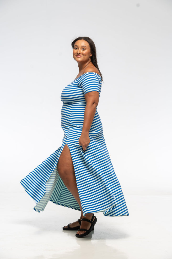 Bardot Dress Midi A - Line Regular (short sleeves) in Blue/Mint Stripe - Manners London