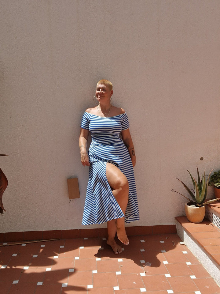 Bardot Dress Midi A - Line Regular (short sleeves) in Blue/Mint Stripe - Manners London