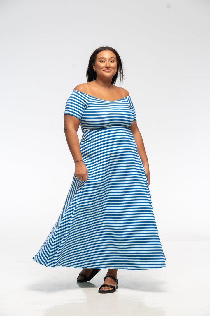 Bardot Dress Midi A - Line Regular (short sleeves) in Blue/Mint Stripe - Manners London