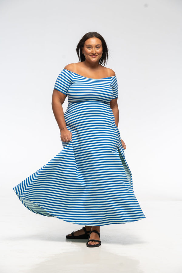 Bardot Dress Midi A-Line (short sleeves) in Blue/Mint Stripe