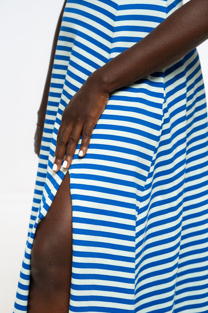 Bardot Dress Midi A - Line Regular (short sleeves) in Blue/Mint Stripe - Manners London