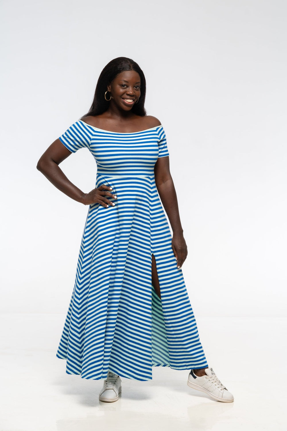 Bardot Dress Midi A - Line Regular (short sleeves) in Blue/Mint Stripe - Manners London