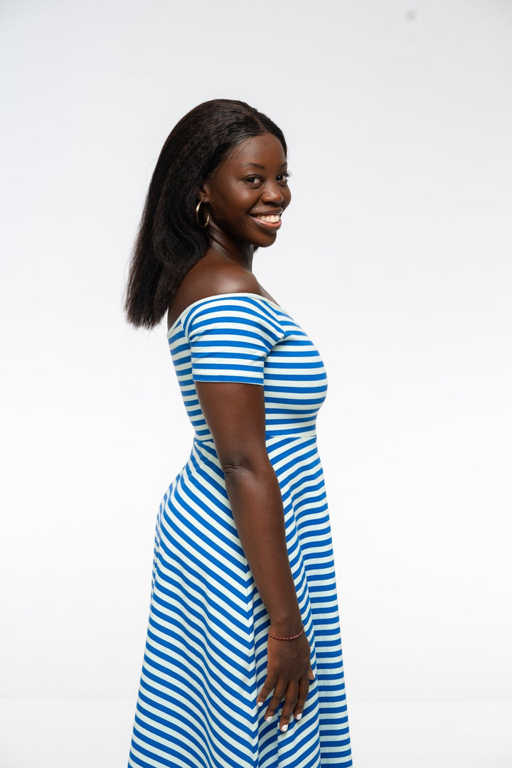 Bardot Dress Midi A - Line Regular (short sleeves) in Blue/Mint Stripe - Manners London