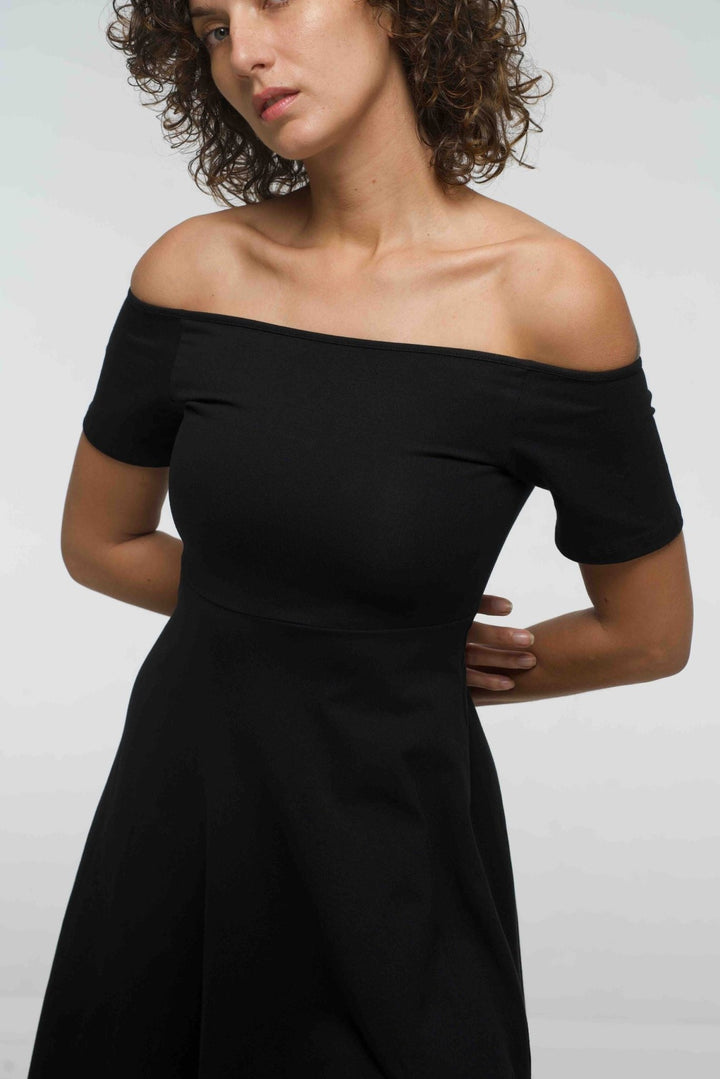 Bardot Dress Midi A - Line (short sleeves) in Black - Manners London