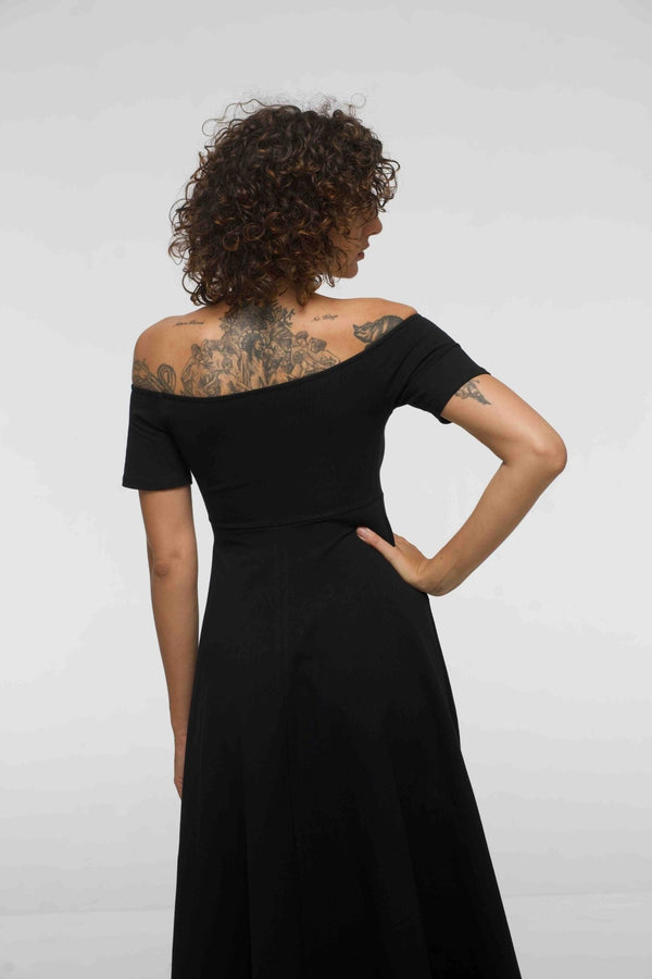 Bardot Dress Midi A - Line (short sleeves) in Black - Manners London