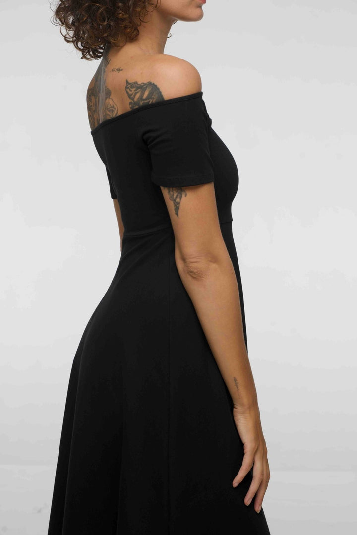 Bardot Dress Midi A - Line (short sleeves) in Black - Manners London