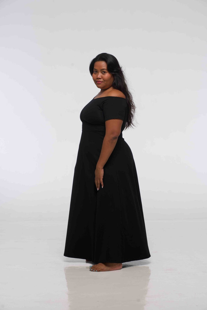 Bardot Dress Midi A - Line (short sleeves) in Black - Manners London