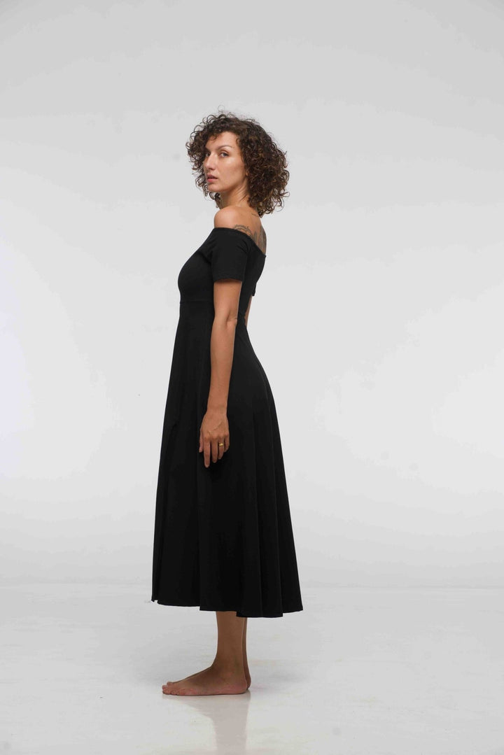 Bardot Dress Midi A - Line (short sleeves) in Black - Manners London