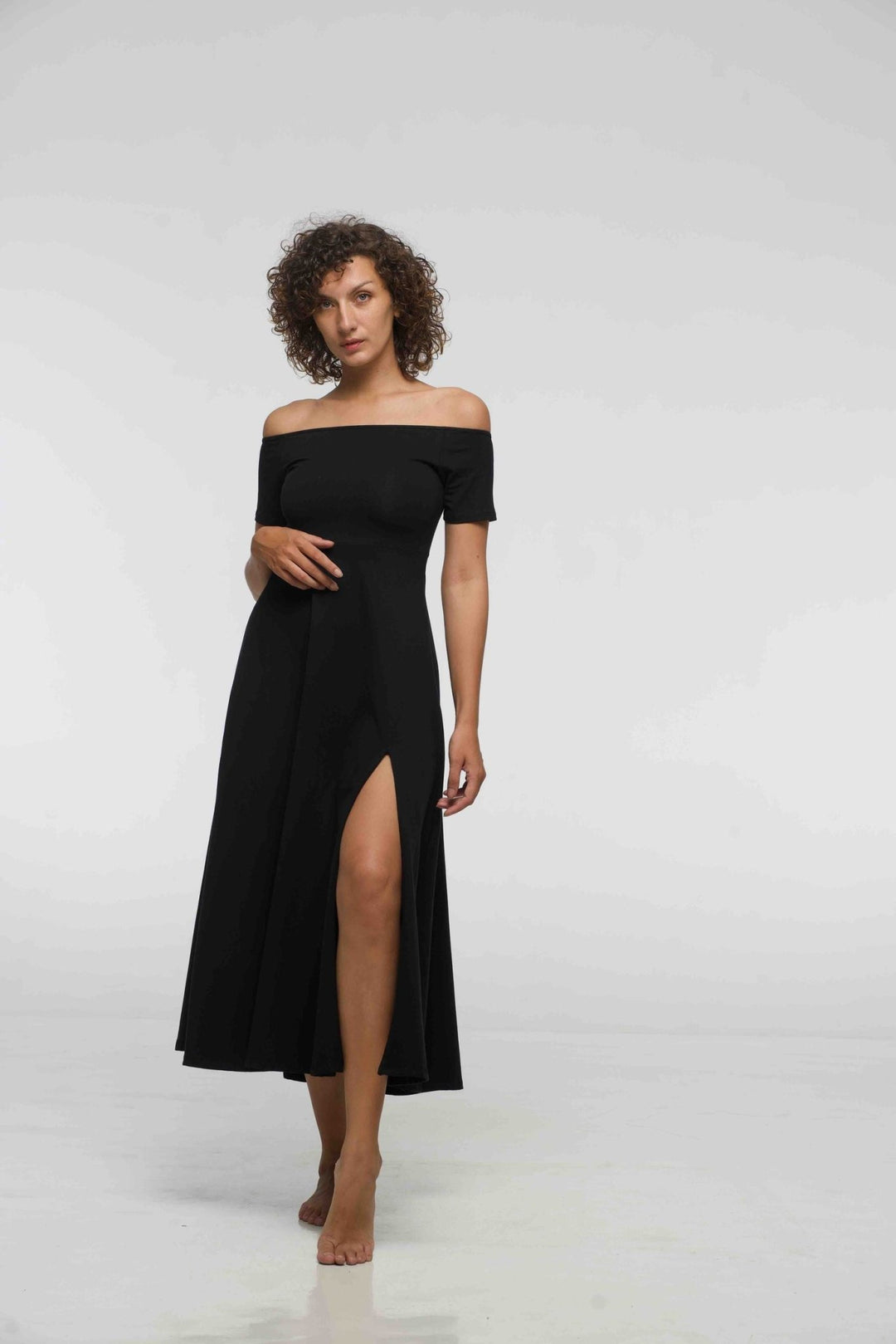 Bardot Dress Midi A - Line (short sleeves) in Black - Manners London