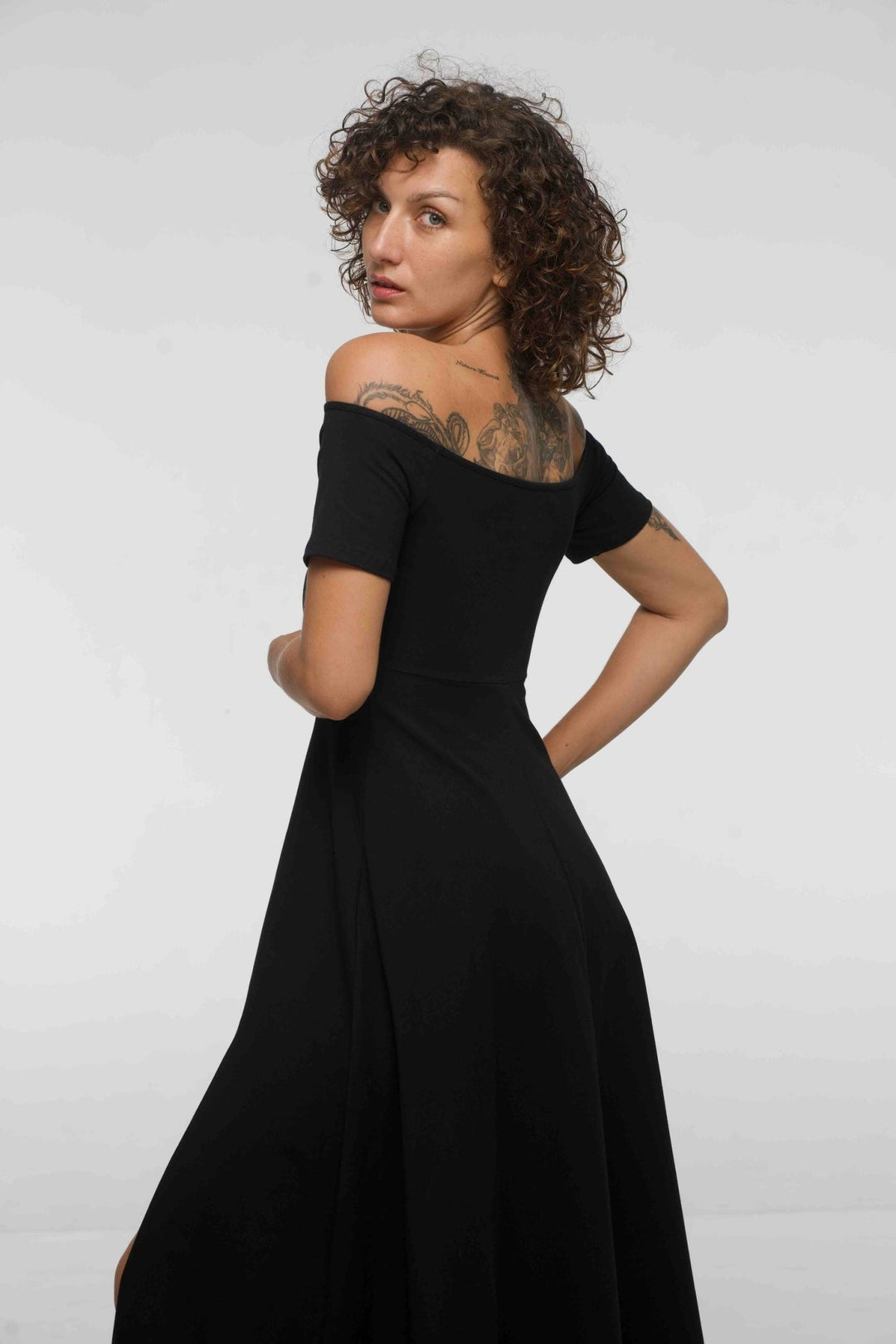 Bardot Dress Midi A - Line (short sleeves) in Black - Manners London