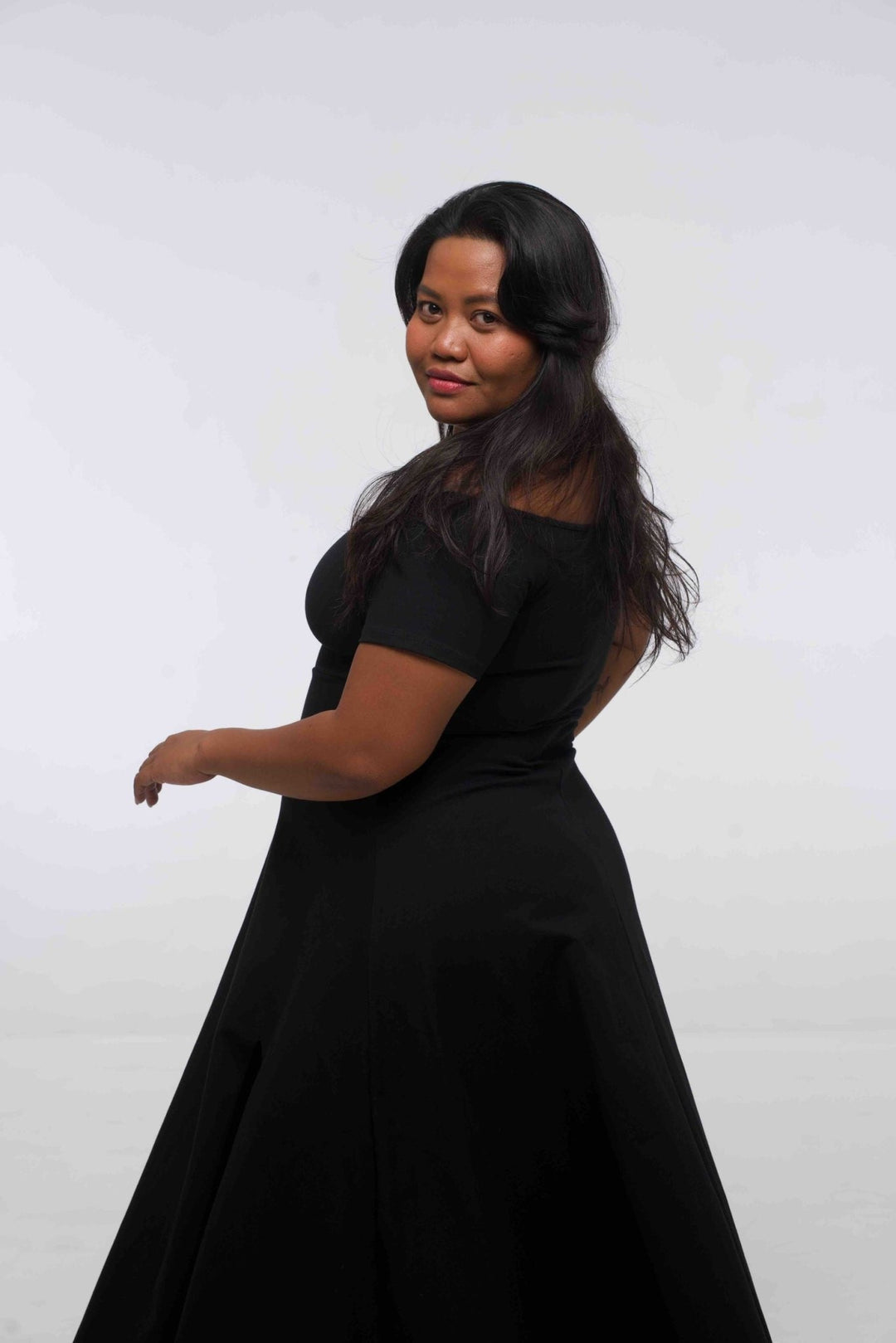 Bardot Dress Midi A - Line (short sleeves) in Black - Manners London