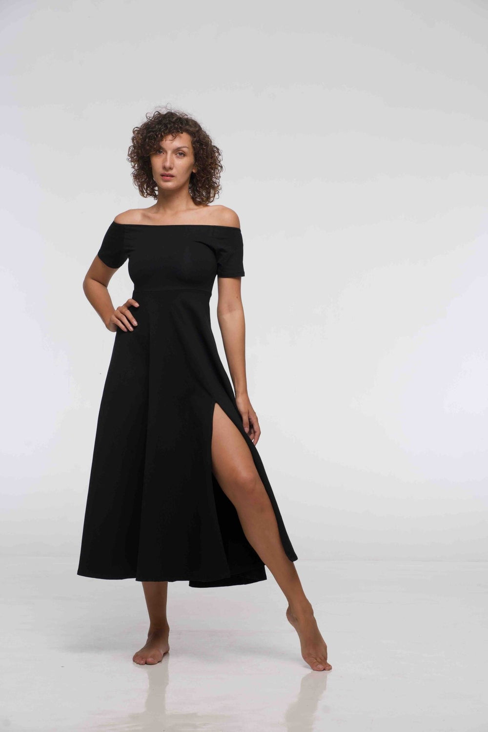 Bardot Dress Midi A - Line (short sleeves) in Black - Manners London