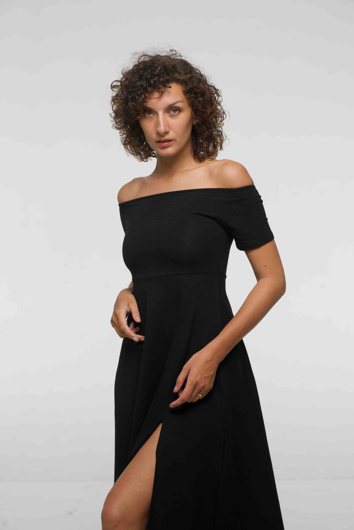 Bardot Dress Midi A - Line (short sleeves) in Black - Manners London