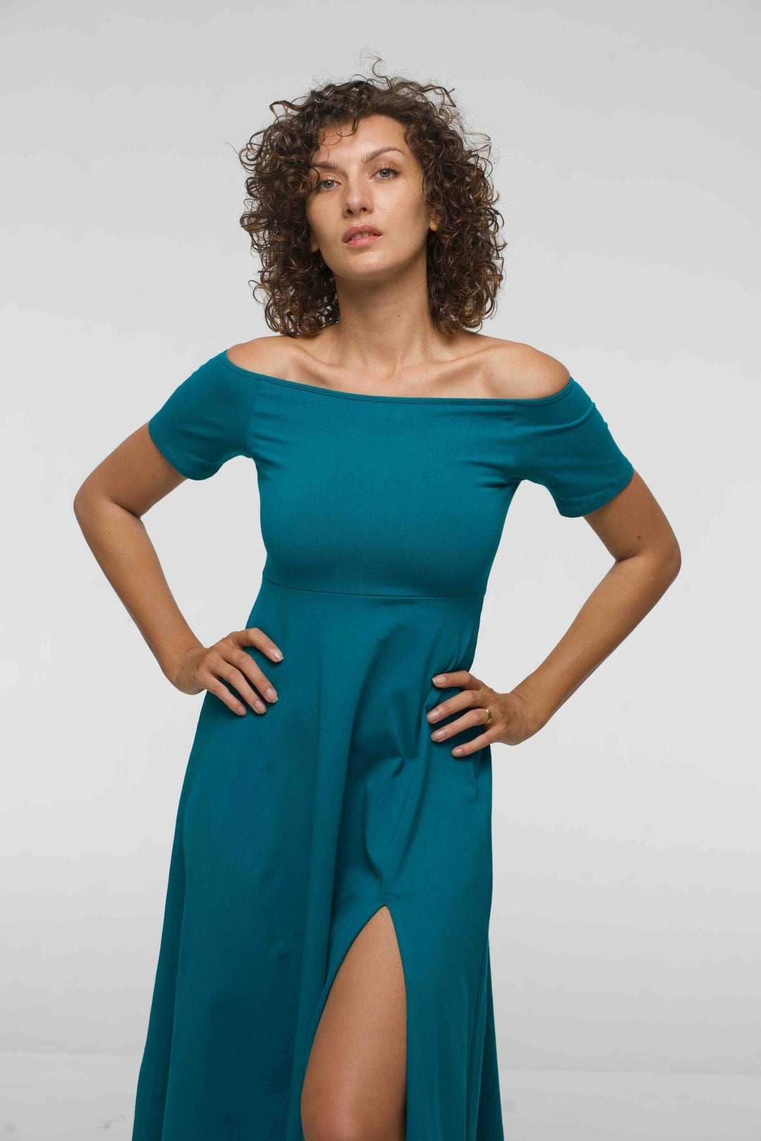 Bardot Dress Midi A - Line (short sleeves) in deep Turquoise - Manners London