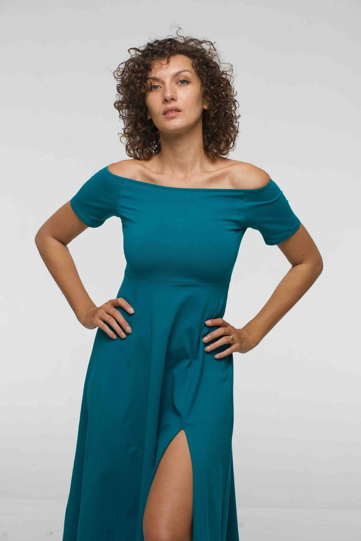 Bardot Dress Midi A - Line (short sleeves) in deep Turquoise - Manners London