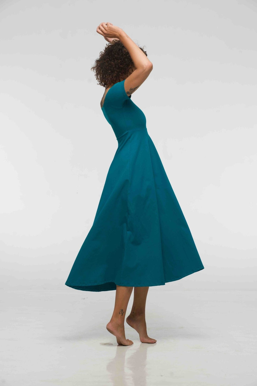 Bardot Dress Midi A - Line (short sleeves) in deep Turquoise - Manners London