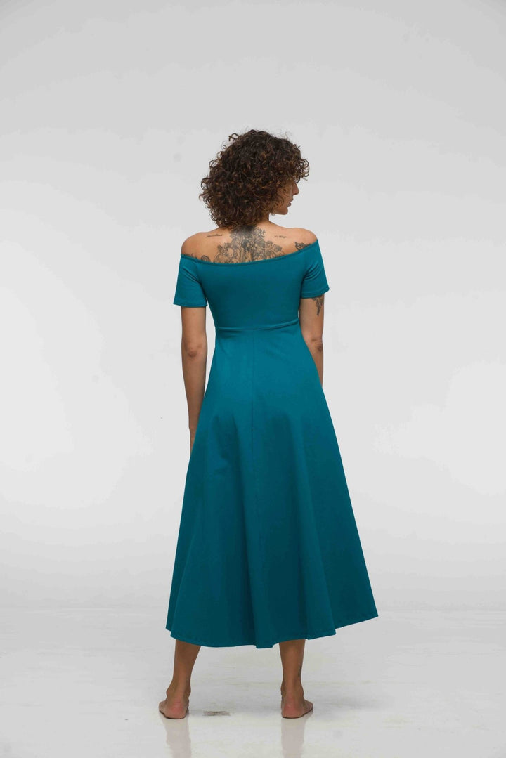 Bardot Dress Midi A - Line (short sleeves) in deep Turquoise - Manners London