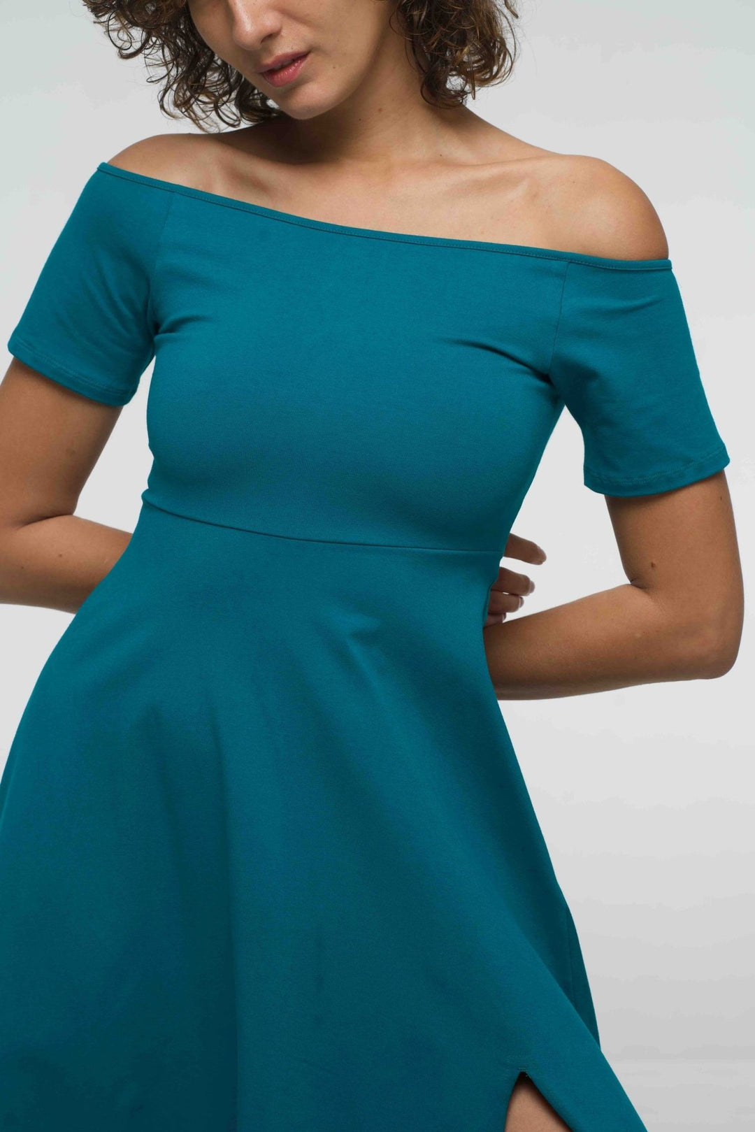 Bardot Dress Midi A - Line (short sleeves) in deep Turquoise - Manners London