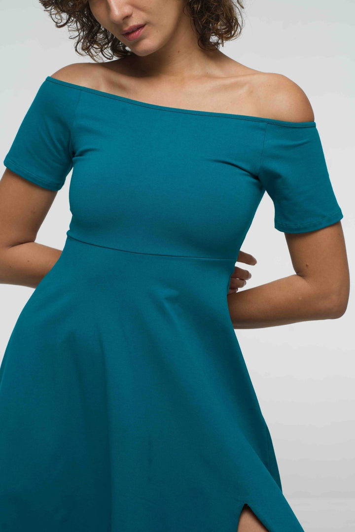 Bardot Dress Midi A - Line (short sleeves) in deep Turquoise - Manners London