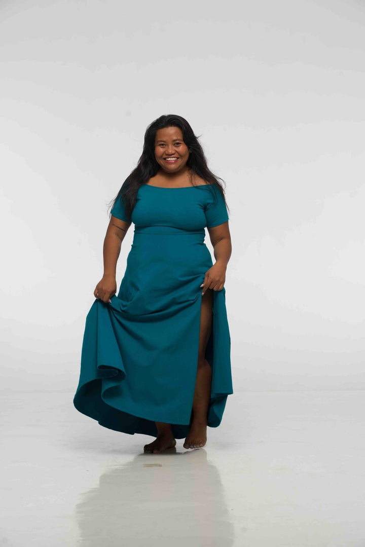 Bardot Dress Midi A - Line (short sleeves) in deep Turquoise - Manners London