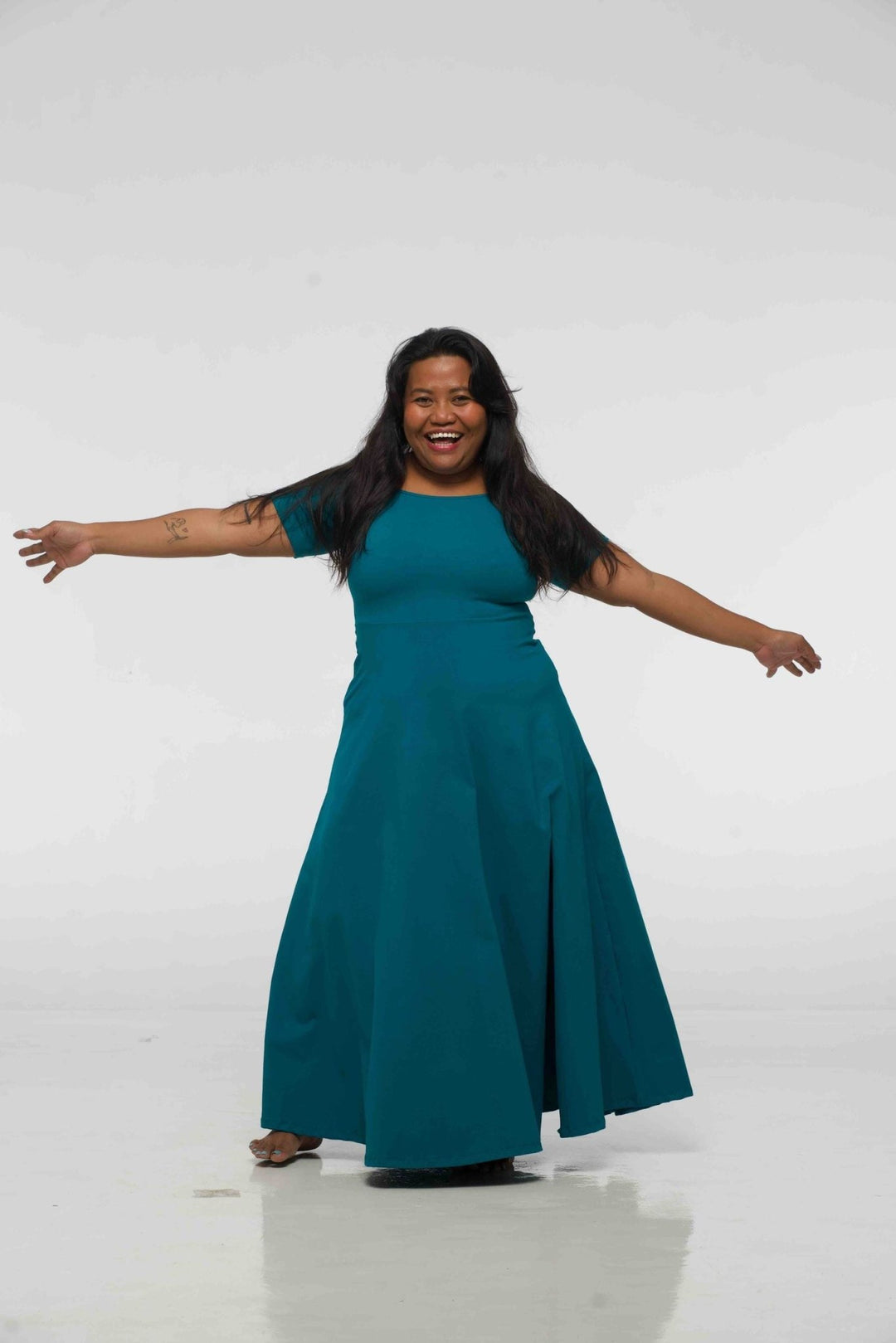 Bardot Dress Midi A - Line (short sleeves) in deep Turquoise - Manners London