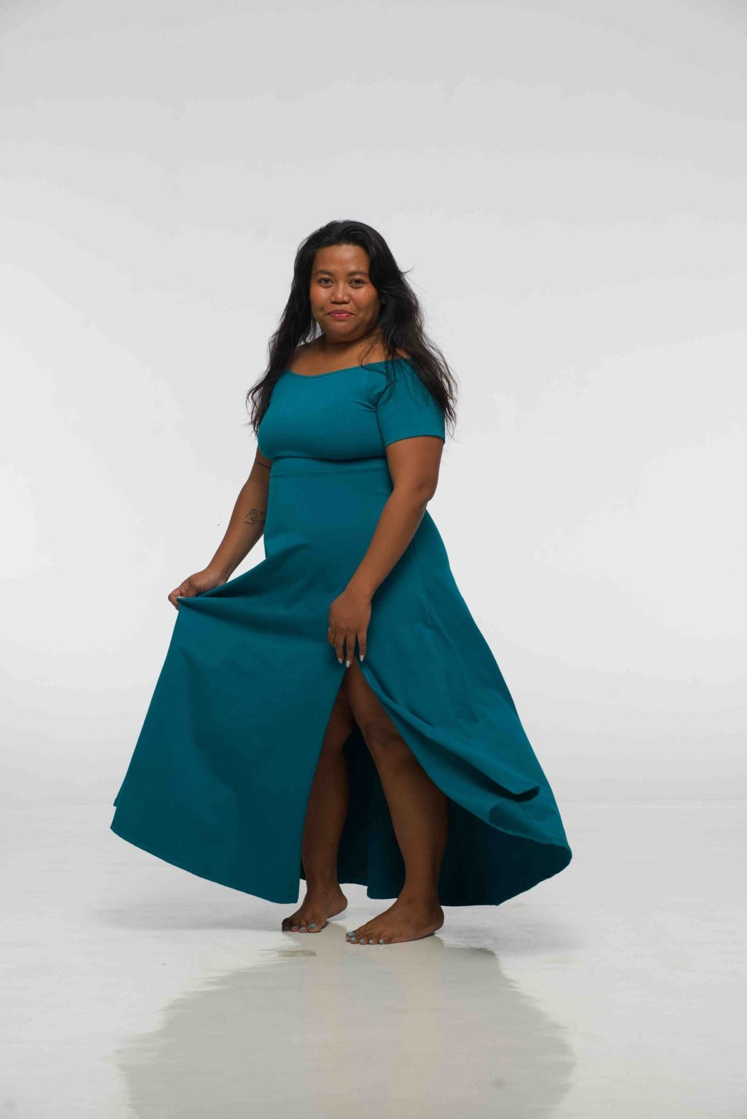 Bardot Dress Midi A - Line (short sleeves) in deep Turquoise - Manners London