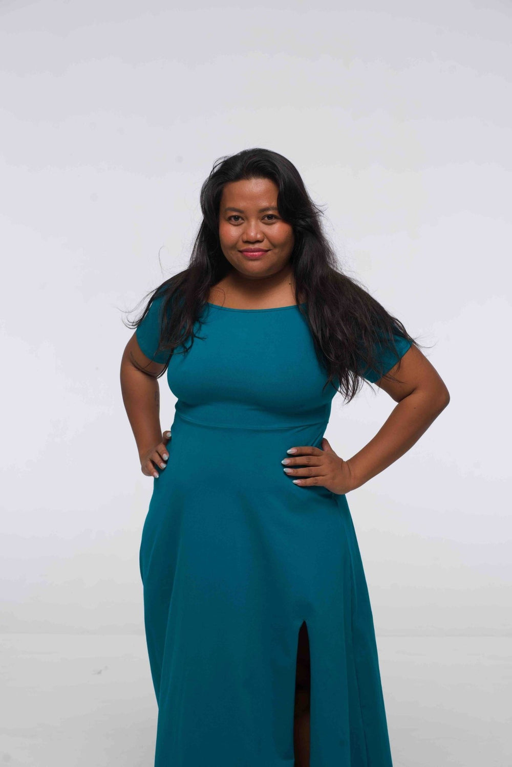 Bardot Dress Midi A - Line (short sleeves) in deep Turquoise - Manners London