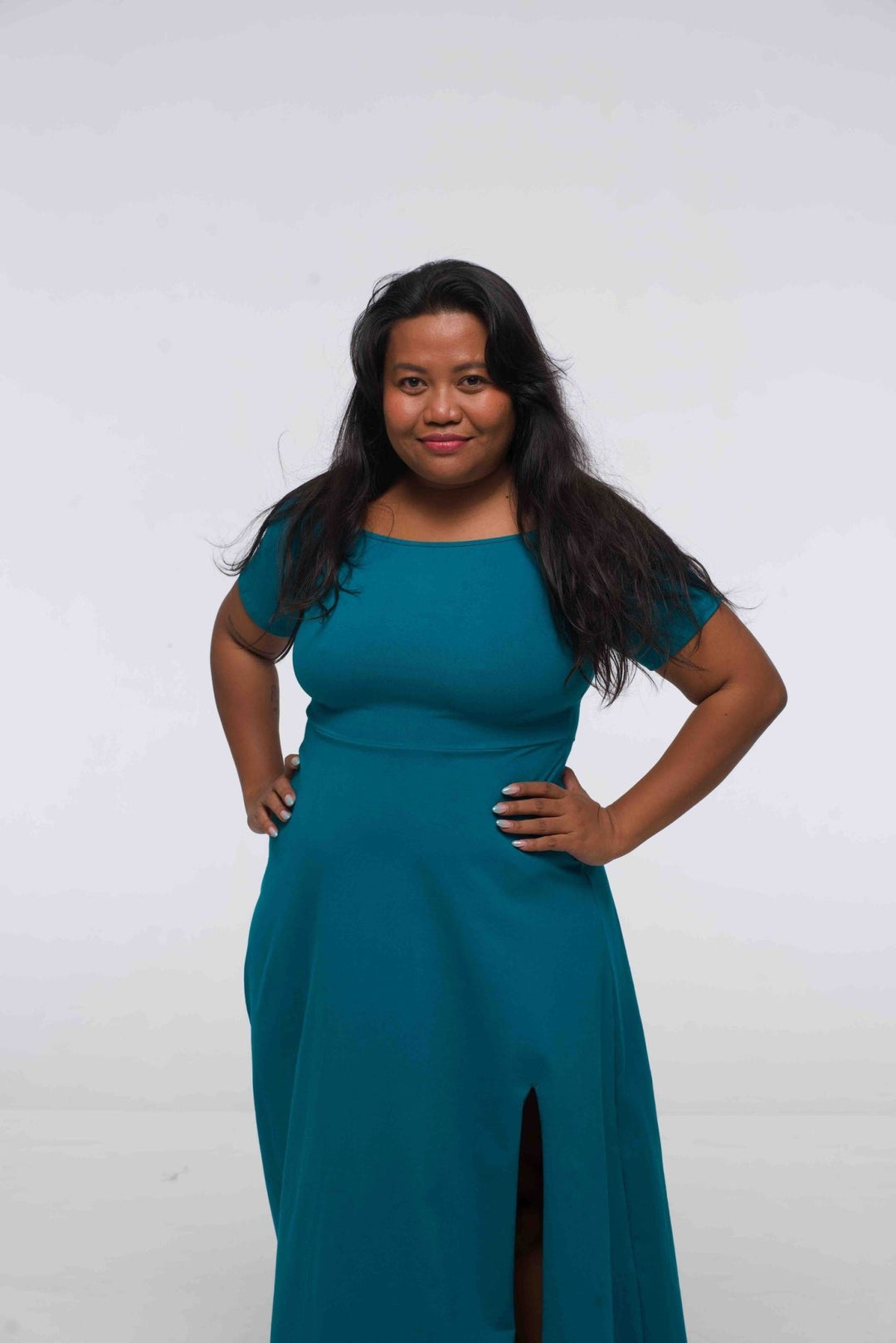 Bardot Dress Midi A - Line (short sleeves) in deep Turquoise - Manners London