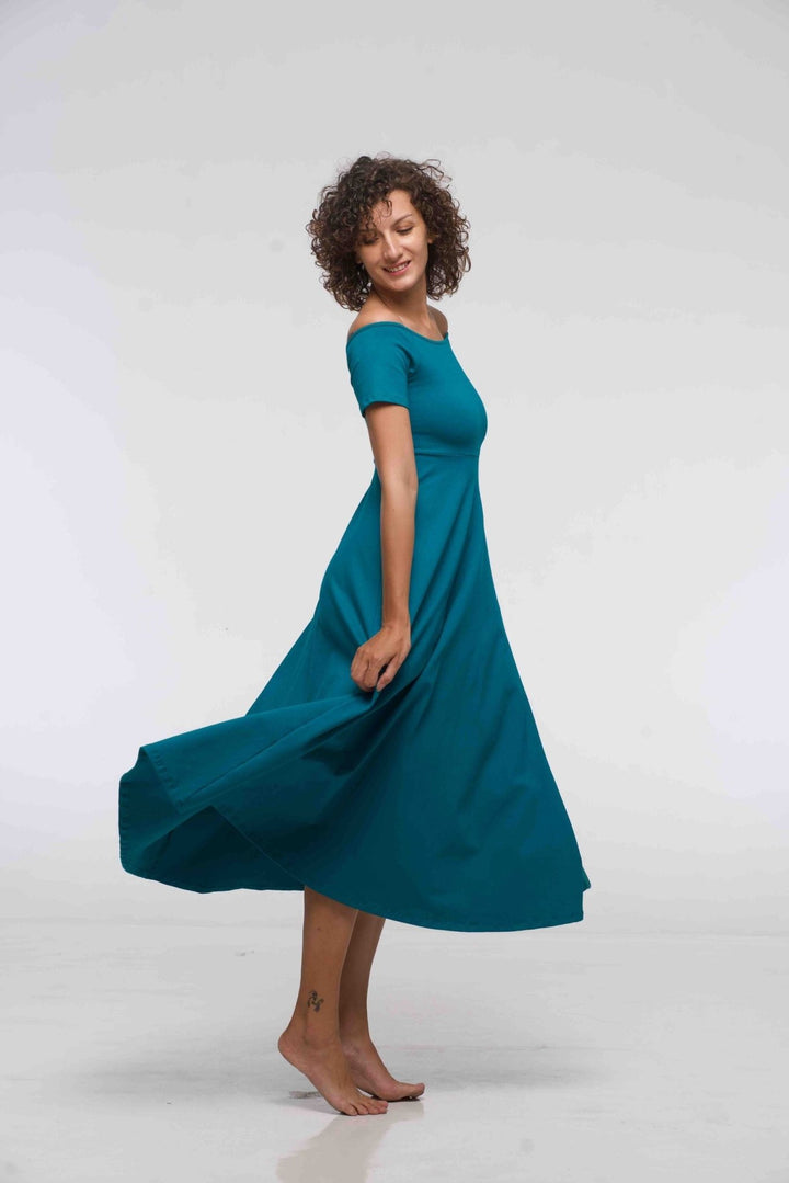 Bardot Dress Midi A - Line (short sleeves) in deep Turquoise - Manners London