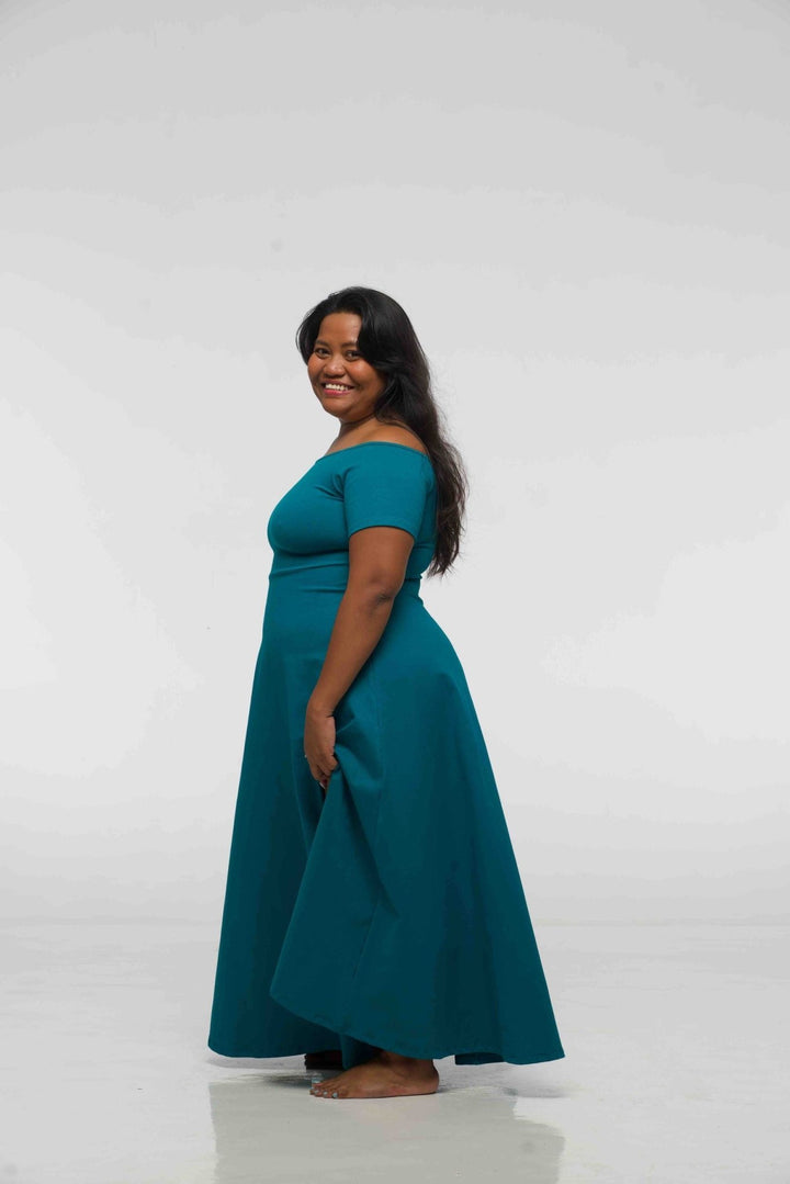 Bardot Dress Midi A - Line (short sleeves) in deep Turquoise - Manners London