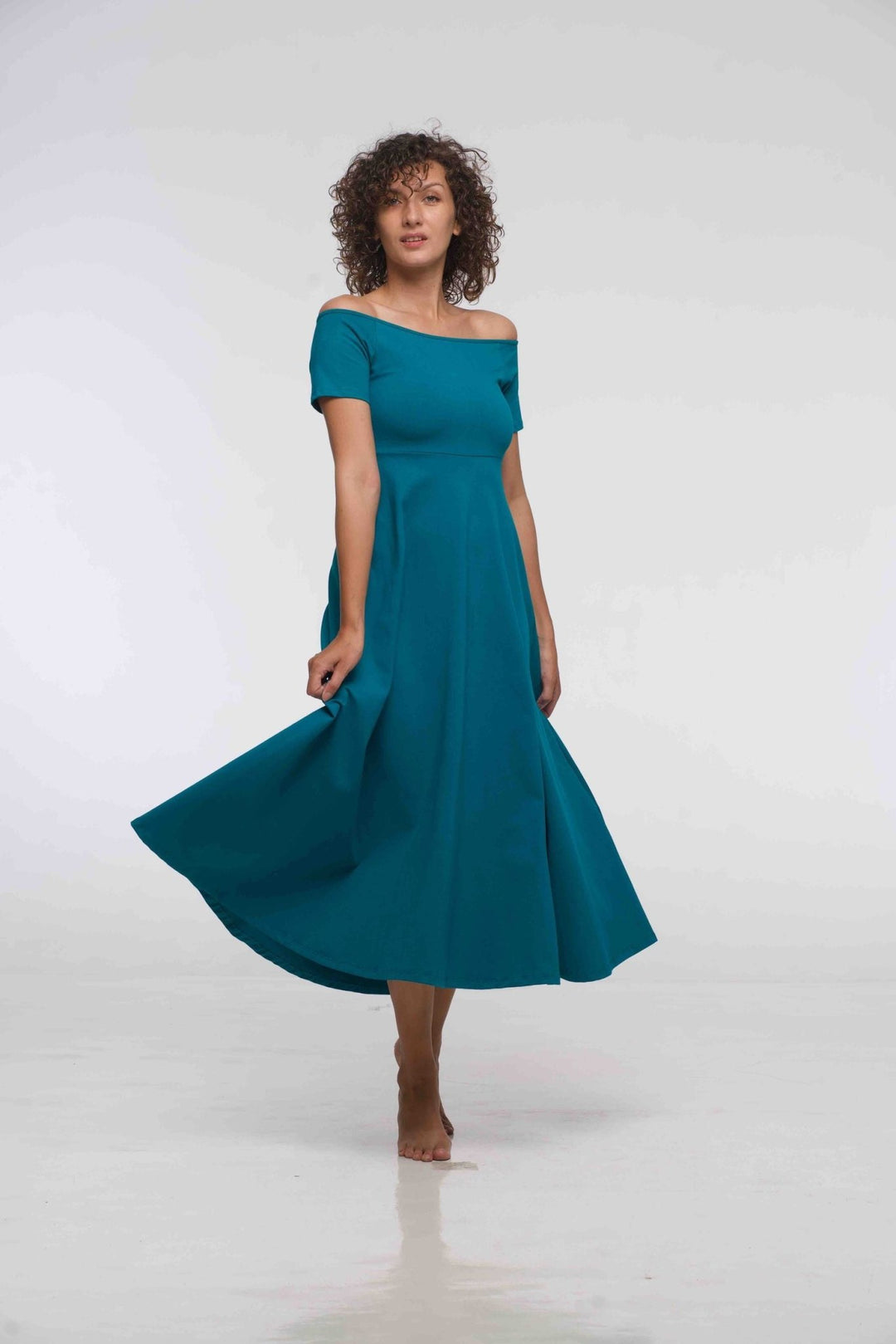 Bardot Dress Midi A - Line (short sleeves) in deep Turquoise - Manners London