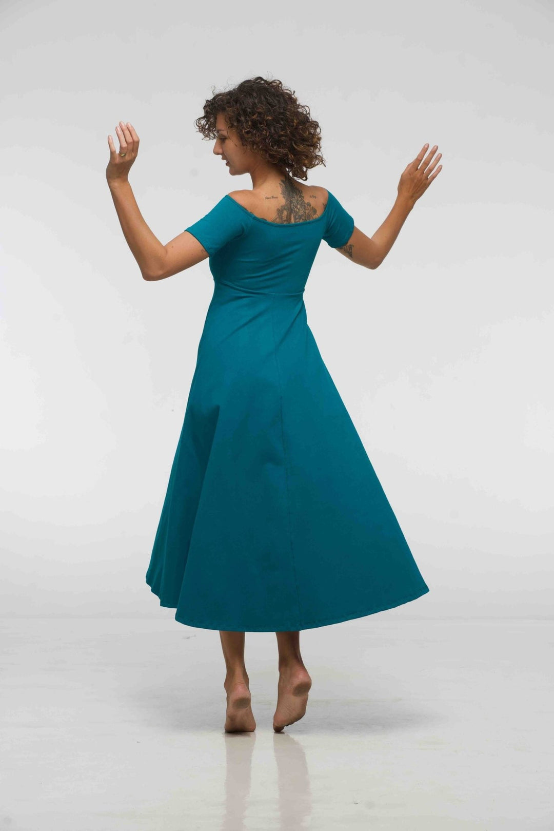 Bardot Dress Midi A - Line (short sleeves) in deep Turquoise - Manners London