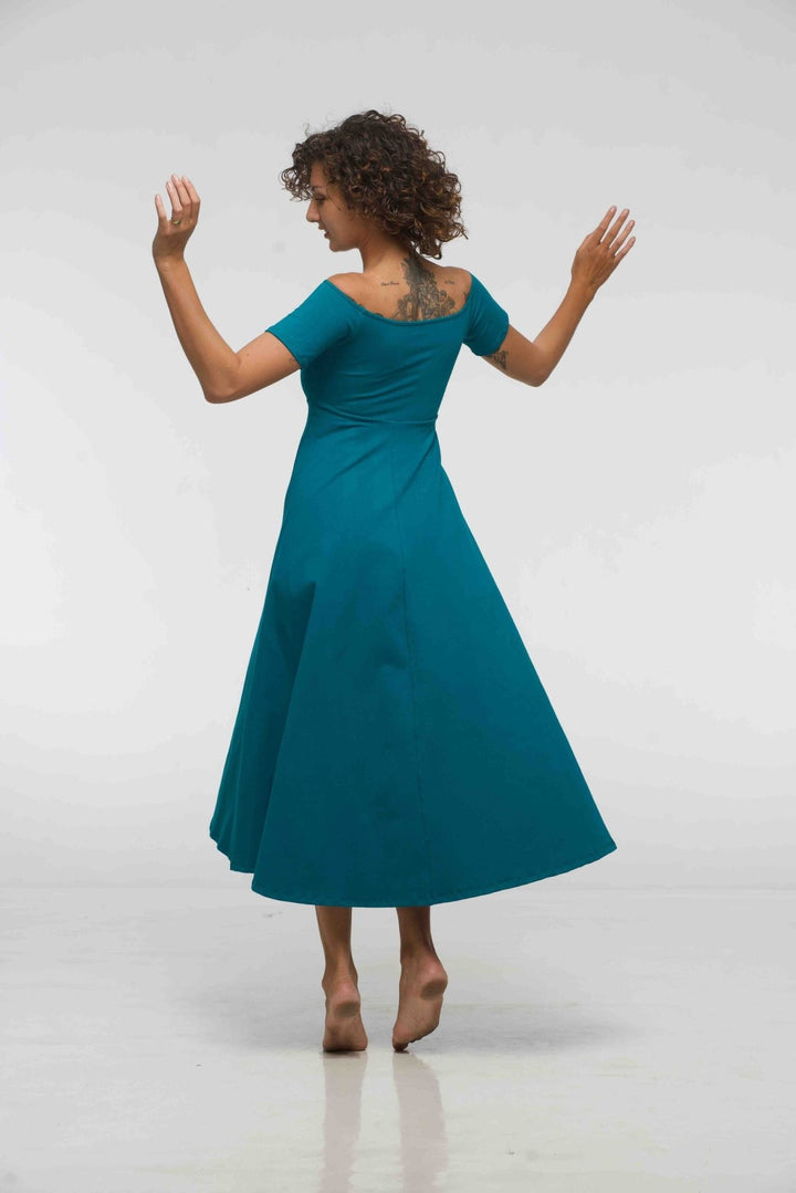 Bardot Dress Midi A - Line (short sleeves) in deep Turquoise - Manners London