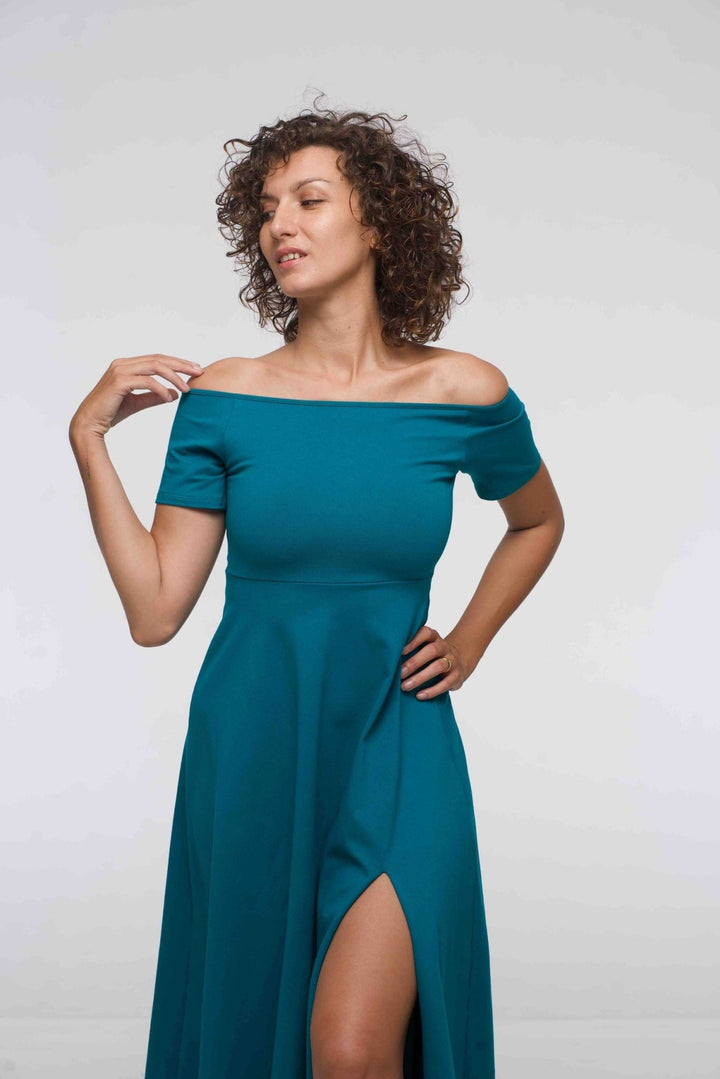 Bardot Dress Midi A - Line (short sleeves) in deep Turquoise - Manners London