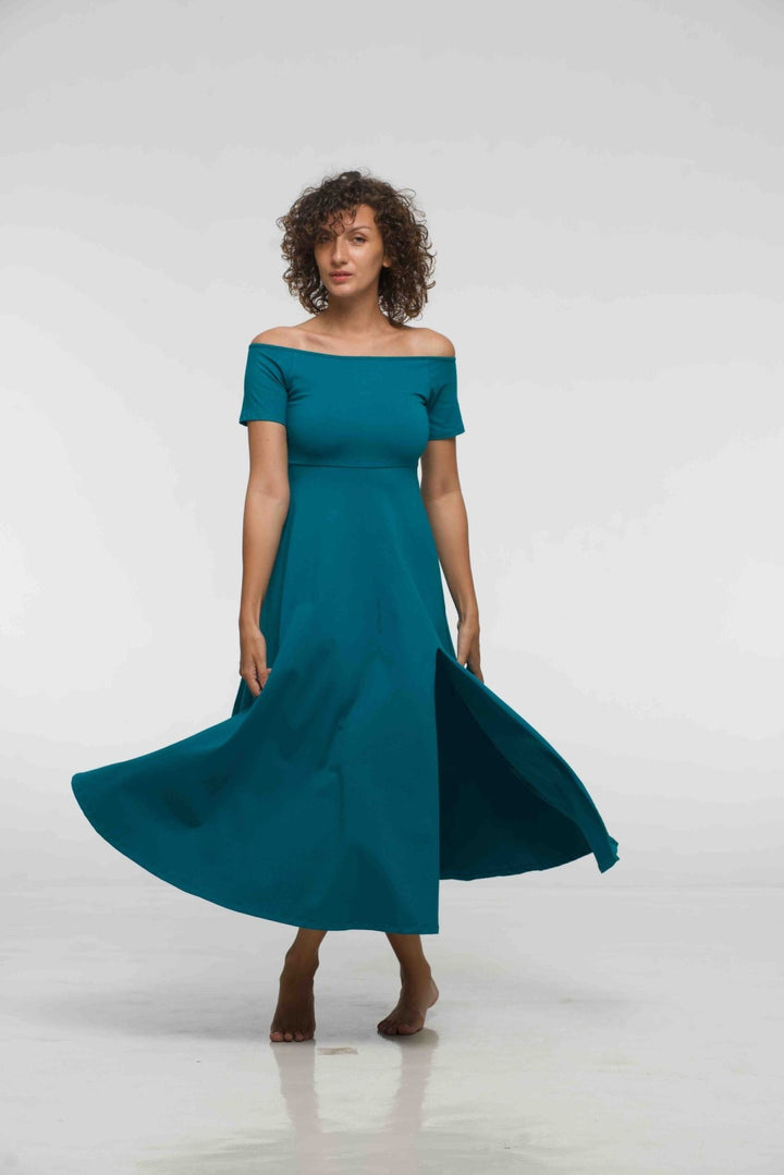 Bardot Dress Midi A - Line (short sleeves) in deep Turquoise - Manners London